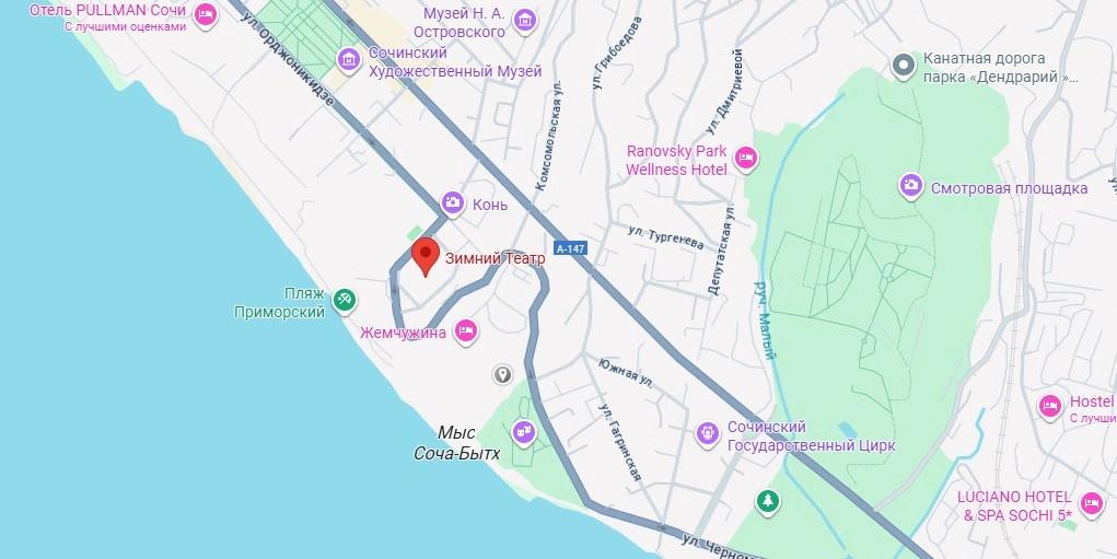 Карта, с указанием месторасположения "Зимний театр Сочи"